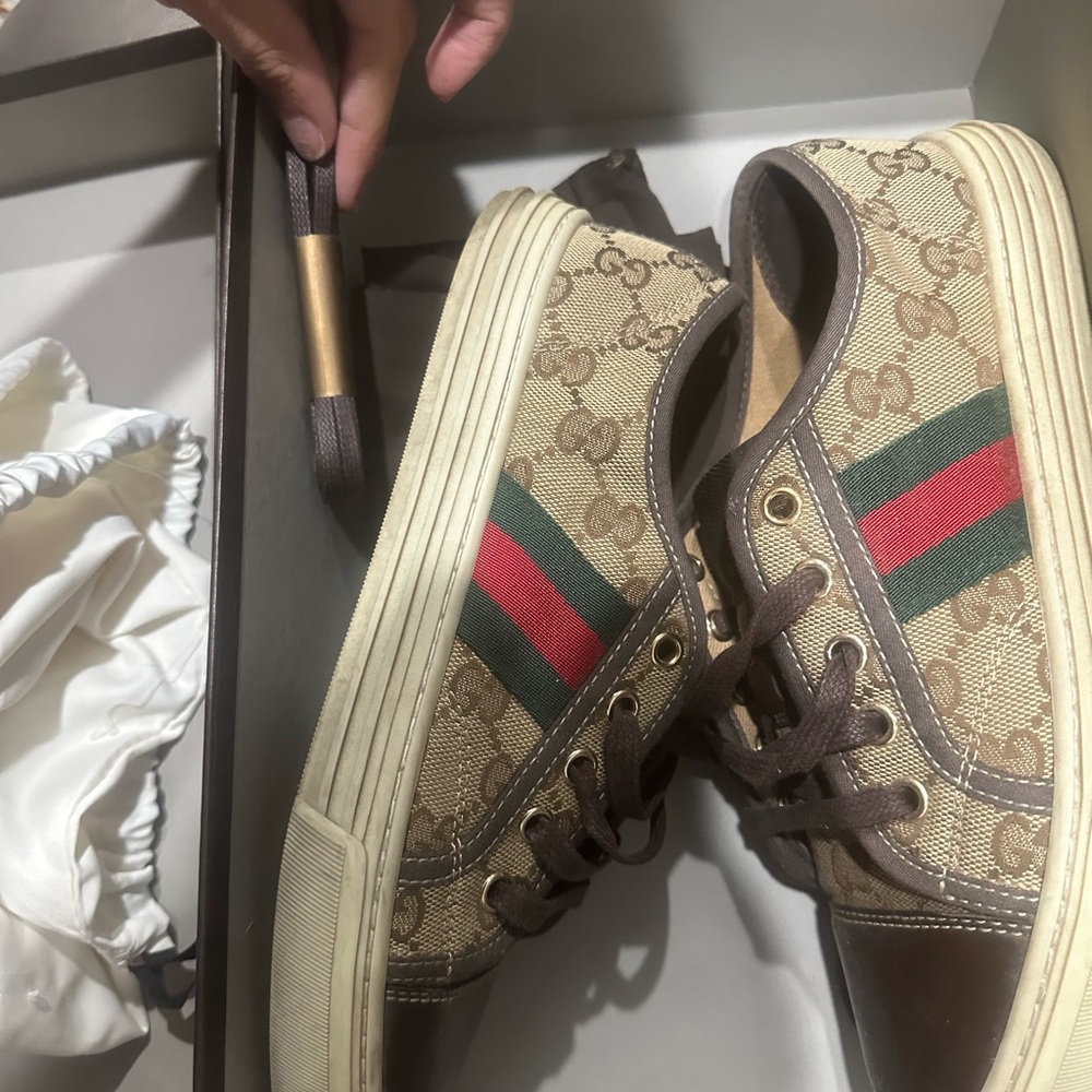 Gucci Beige and Brown Sneakers with Green and Red Stripe